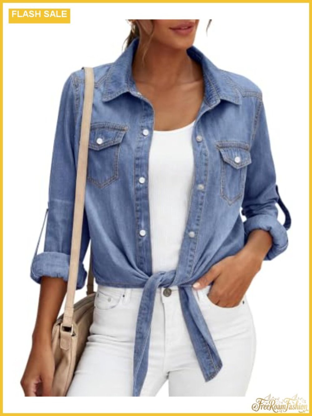 Womens Denim Button Down Shirt Long Sleeve Lapel Collar Tie Knot Front Crop Top